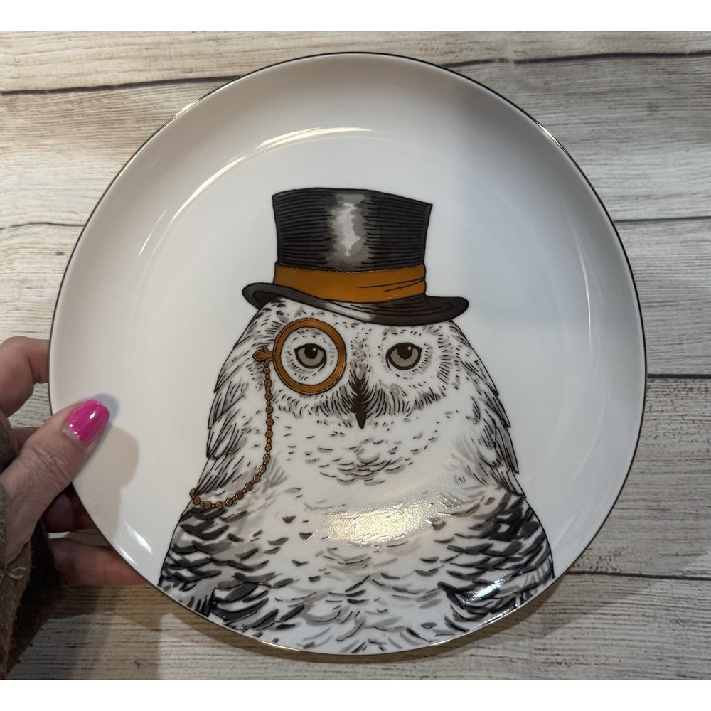 Rachel Kozlowski + West Elm Dapper Animal 8.5" Plate Owl w/Top Hat White & Gold